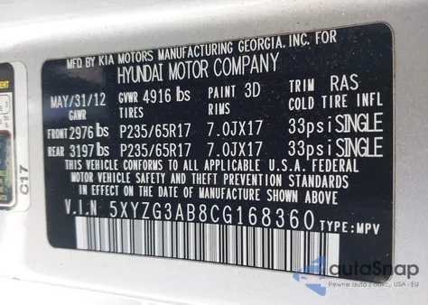 2012 Hyundai Santa Fe Gls z USA, uszkodzony, nr VIN 5XYZG3AB8CG168360